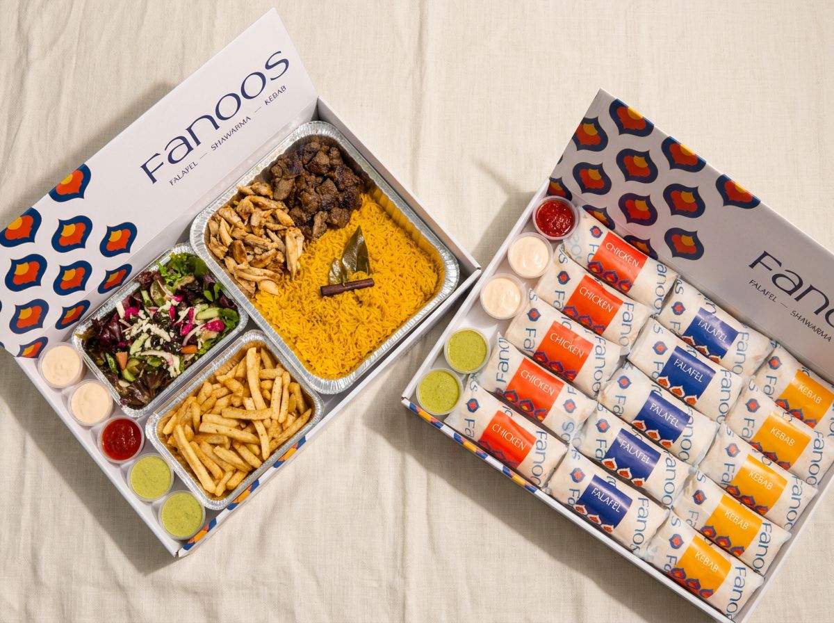 Mediterranean catering spread from Fanoos Grills in San Francisco